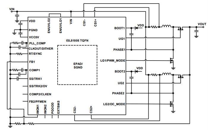 Application Circuit Diagram - Renesas Electronics ISL81805 80V Dual Synchronous Boost Controller